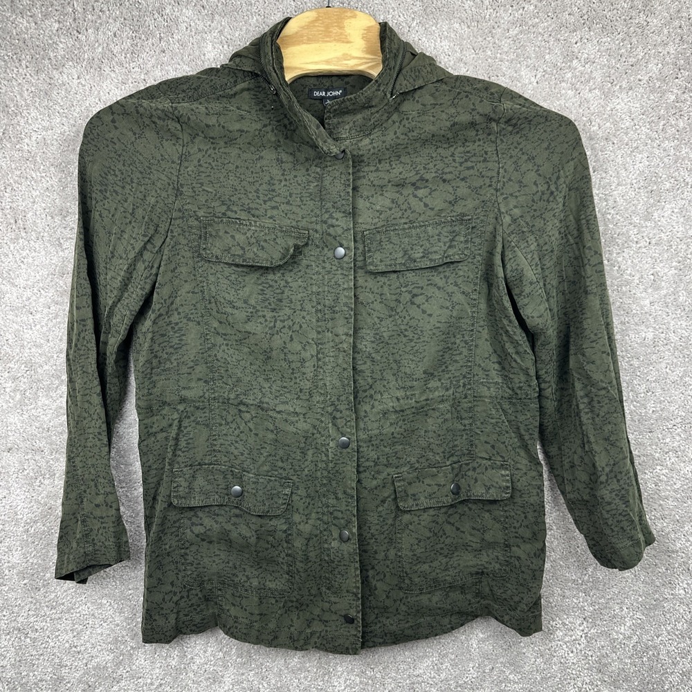 Dear John Jacket Womens Large Green Animal Print Utility Field Coat Lyocell